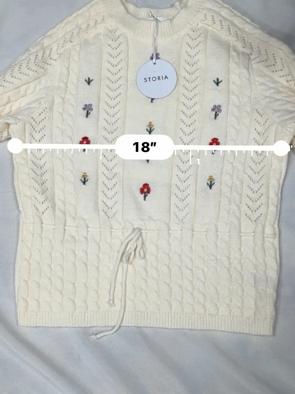 Storia Cream Embroidered Cable-Knit Crew Sweater with Waist Tie